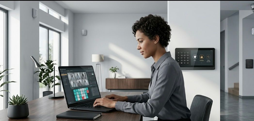 Usuária gerenciando sistema de alarme pelo laptop